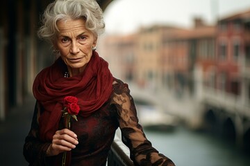 Graceful elderly woman holds a red rose, standing on a venetian bridge