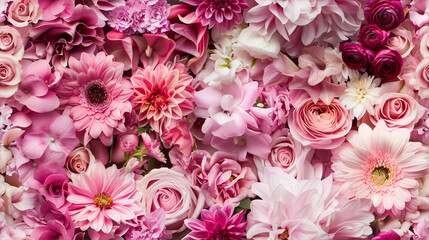 A dense arrangement of various pink flowers in full bloom. Seamless / tileable. 
