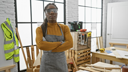Confident woman with braids wearing safety glasses stands arms crossed in an indoor workshop.