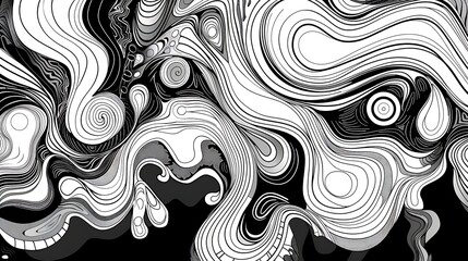 Black and white abstract background. The image is full of swirling lines and shapes, creating a sense of movement and energy.