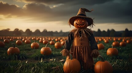 Halloween pumpkin scarecrow in open field. Generative AI