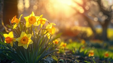 Obraz premium Classic daffodils in bright yellow color blooming in a winter garden filled with sunlight surrounded by tree branches