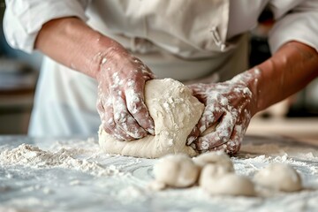 Fototapeta premium Skilled Baker Kneading Freshly Prepared Dough on Flour Dusted Countertop