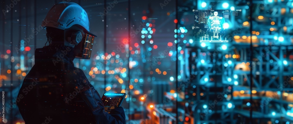 Poster technology concept for the smart industry 4.0, engineer using data and control networking for sustai