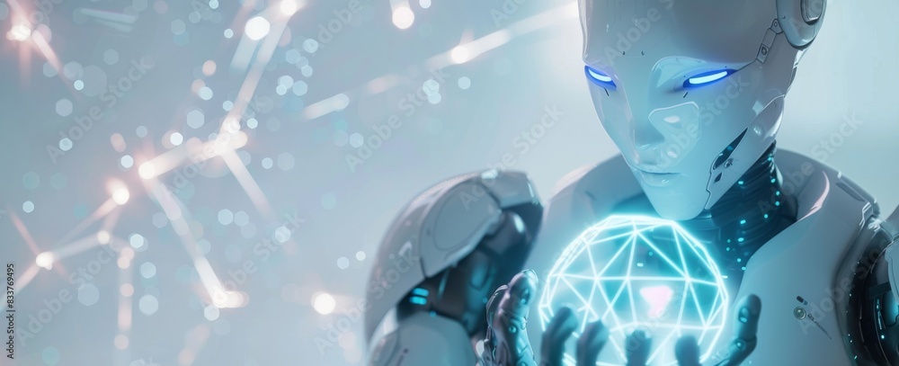 Aufkleber 3d rendering of a white robot woman using a digital sphere connection