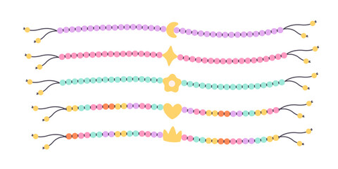 Kids jewelry set. Colorful handmade bracelets with plastic beads. Friendship bracelets. Vector illustration in flat style