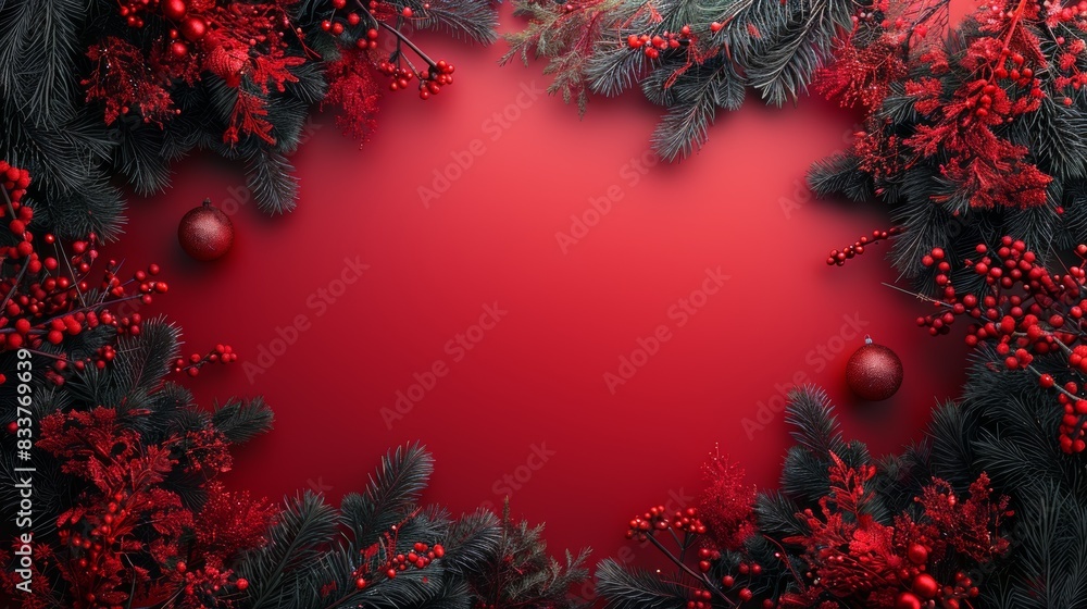 Poster top view of minimal red background with fir branches frame for creative christmas concept design, fe
