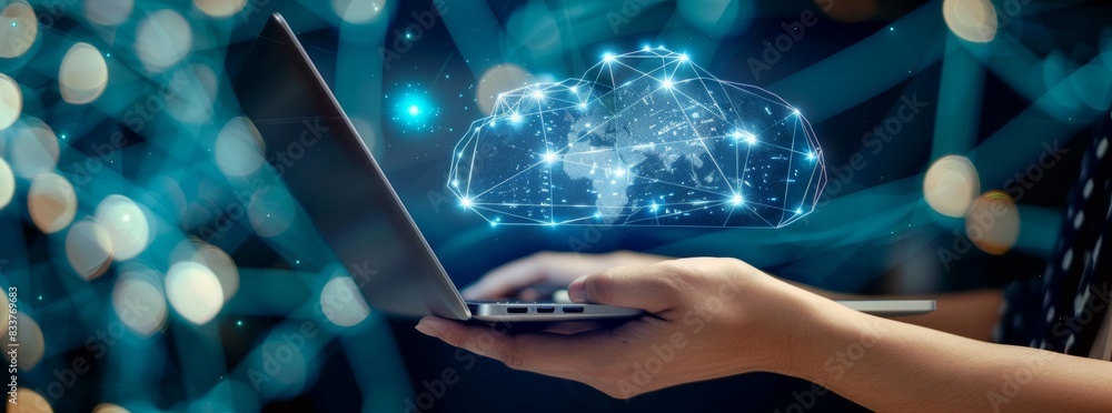 Poster hand holding laptop computer connected to cloud network. cloud computing technology and online data 