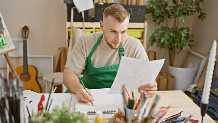 A bearded young man sketches in an art studio, surrounded by creative supplies and a guitar.