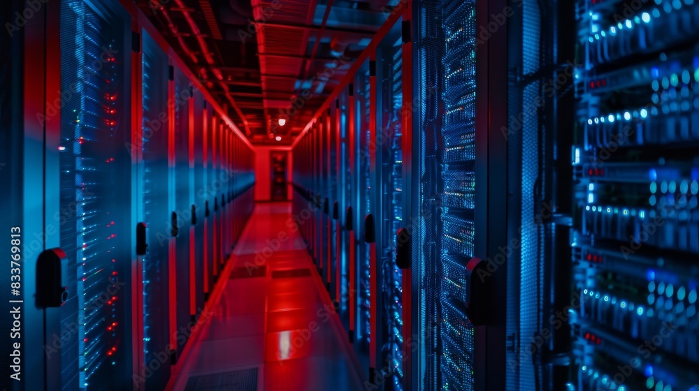Poster a dark shot of a data center with multiple rows of fully operational server racks. the technology us