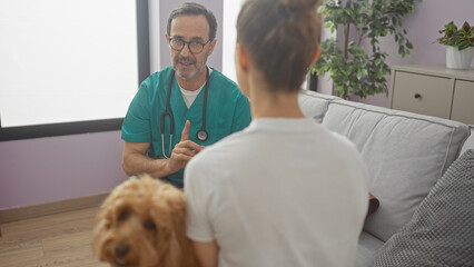 A middle-aged hispanic male doctor consults with a patient in a modern living room with a poodle present.