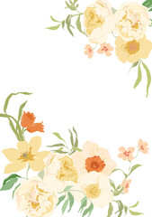 Watercolor abstract flower invitation of narcissus, peony and tulip. Hand drawn frame of wildflowers isolated on white background. Holiday Illustration for design, print, fabric or background.
