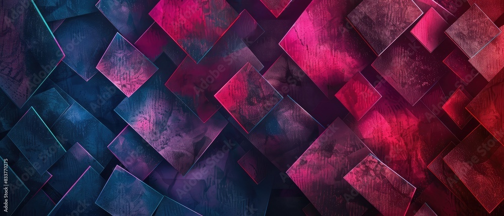 Poster tapestry of blue and pink shapes weaving together to form a complex abstract pattern
