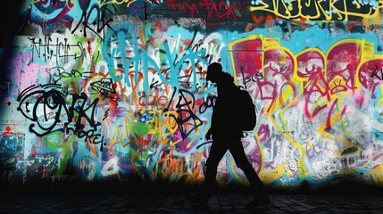 A silhouette of a person walking past a graffiti-covered urban wall. The vibrant street art contrasts with the dark figure, highlighting urban culture and creativity.