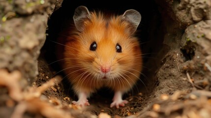 A hamster peeking out from a tunnel.