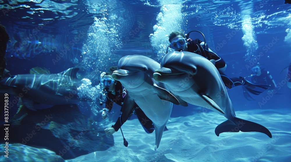 Poster dolphins interacting with divers underwater, showing curiosity and playfulness.