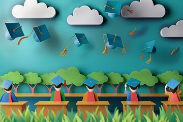 Vector paper cut illustration of graduation day in a classroom