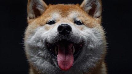 Close up image of a Smiling Akita Inu Dog with its Tongue out on a Black Background