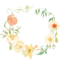Obraz premium Watercolor abstract flower wreath of poppy, narcissus and peony. Hand drawn frame of wildflowers isolated on white background. Holiday Illustration for design, print, fabric or background.