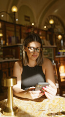 A stylish woman uses a smartphone at a cafe table illuminated by warm indoor lighting.