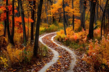 Obraz premium Winding Autumn Trail Through Vibrant Forest Landscape