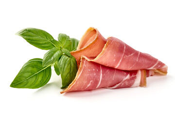 Delicious Serrano ham, cured jamon iberico, isolated on white background.