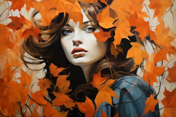 Artistic portrait of a woman with autumn leaves swirling around her
