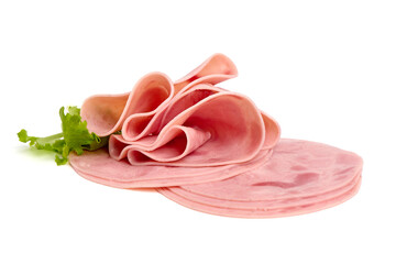 Cooked ham slices, isolated on a white background.