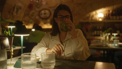 Young hispanic woman at an italian restaurant indoors, enjoying a drink and surrounded by a cozy...