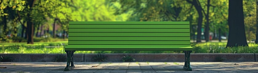 Obraz premium Park Bench Ad Mockup Focus on a park bench ad with a green screen with a public park background, empty space right for text