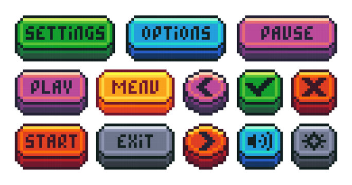 Interface menu pixel buttons. Retro video game UI navigation panel, 8 bit sprite game app icons play pause menu settings options exit. Old school game symbols. Vector isolated set