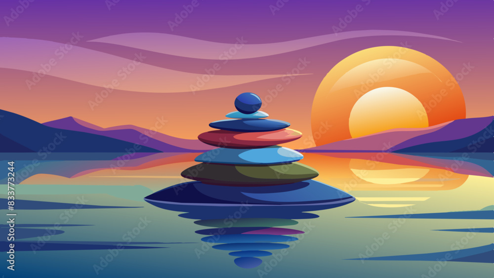 Wall mural zen stones in water, Peaceful Zen Stones Stacked by Serene Water Bodies Under Harmonious Sunset Gradients

