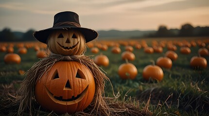 Halloween pumpkin on the grass. Generative AI
