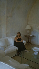 Obraz premium A young hispanic woman in a beautiful italian masseria house, sitting on a white couch in an indoor, typical setting with rustic walls and elegant decor.