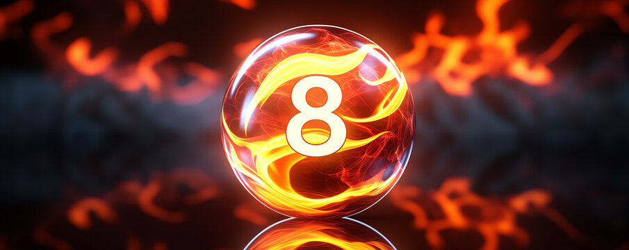 Vibrant and fiery 3D rendered image of a magic eight ball engulfed in flames, symbolizing energy, intensity, and excitement.