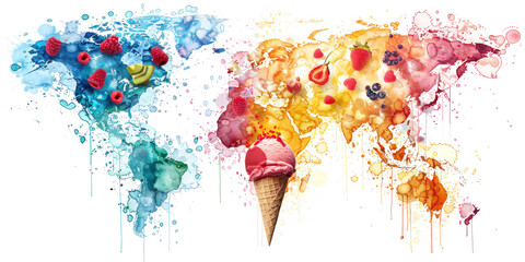 World map made of colorful fruits and ice cream, perfect for travel and culinary concepts.