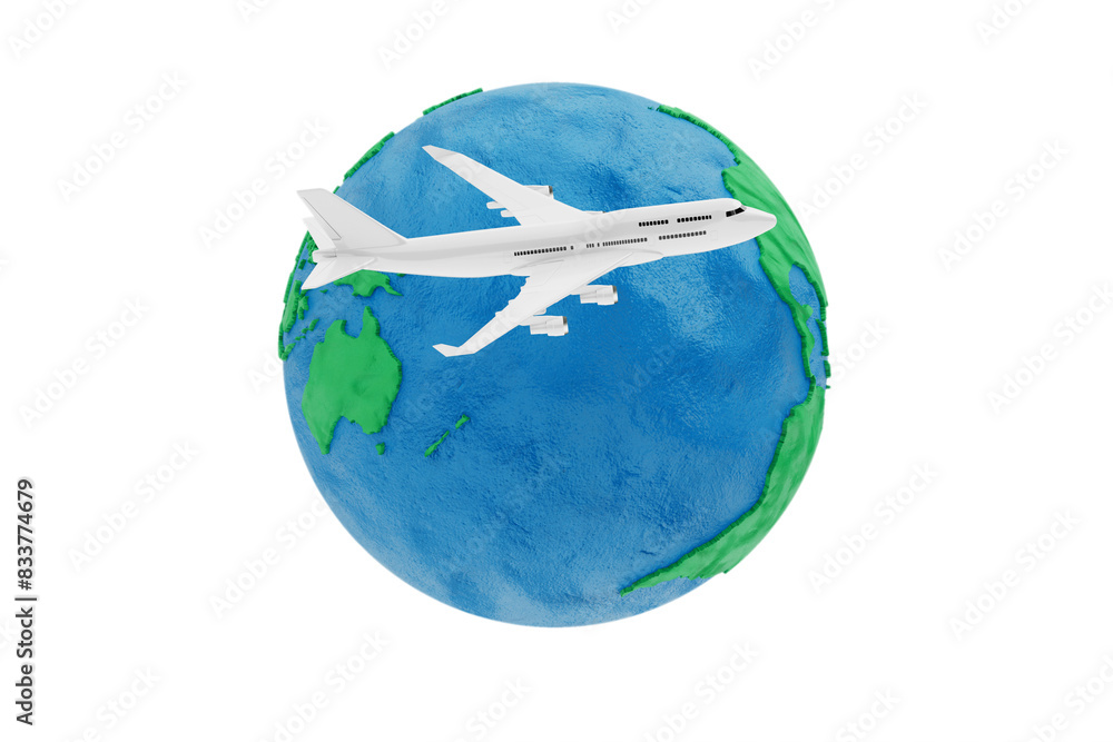 Poster passenger airplane flies around plasticine globe earth. 3d rendering