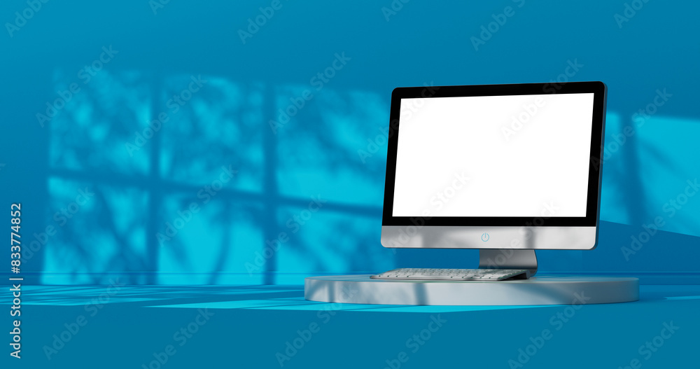 Poster  Modern Desktop Computer with Blank Screen for Your Design on a Stage in Blue Room with Sun Shadows. 3d Rendering