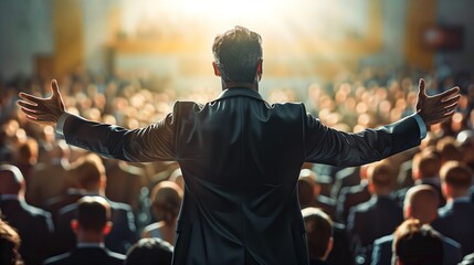 A Business person stands with arm raised, illuminated by dramatic stage lighting