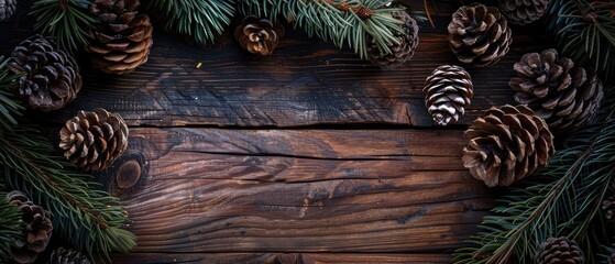 winter holiday scene with pine cones and evergreen branches resting on an aged wooden backdrop ideal for festive design themes