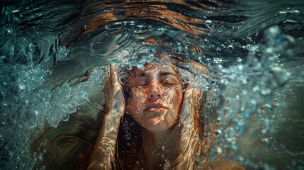 Drowning in Noise, A woman submerged underwater, the surface of the water is alive with motion.