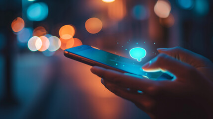 Digital quote icon on smartphone screen. Contemporary setting with warm bokeh lights in the background. Vibrant and captivating graphics with a touch of digital magic