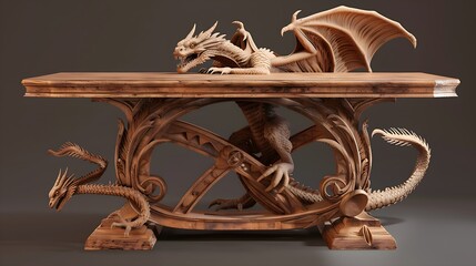 Intricate Dragon Carved Wooden Table