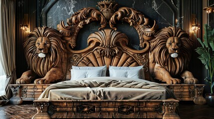Regal Lion Carved Bed