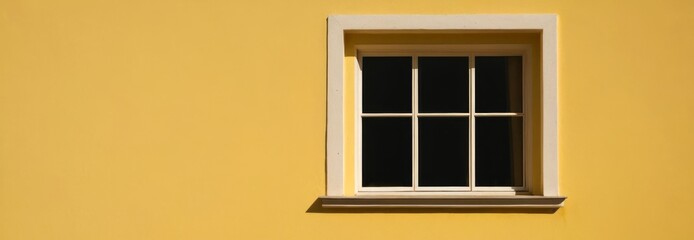 Minimalistic window on a sunny yellow wall, harmony of color and shape in modern architectural design. A concept about color solutions in urban environments and inspiring architectural projects