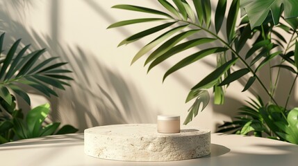 podium stand with tropical leaves background. Empty natural stone pedestal platform to display beauty product. generative ai