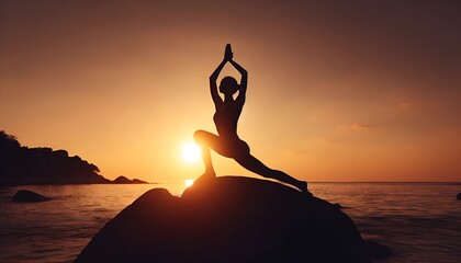 International Yoga Day background with a person performing yoga on a rock at sunset.