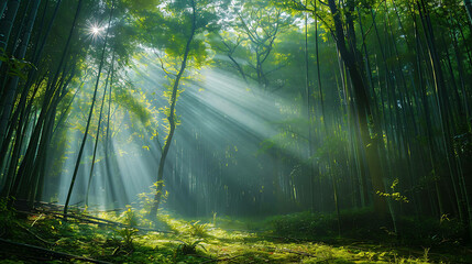 The lush green bamboo forest is illuminated by soft sunlight.