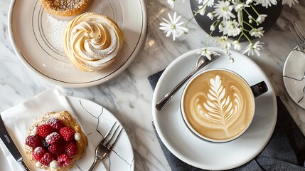 A cup of latte art coffee with pastries and flowers on a marble table. Perfect for a cafe or bakery setting.