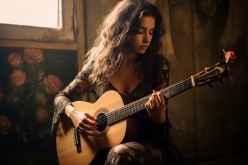 Obraz premium Young woman plays the guitar, bathed in warm window light, with an air of tranquility